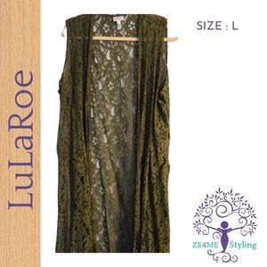 Lularoe Joy Olive Green Lace Duster Vest, Size Large